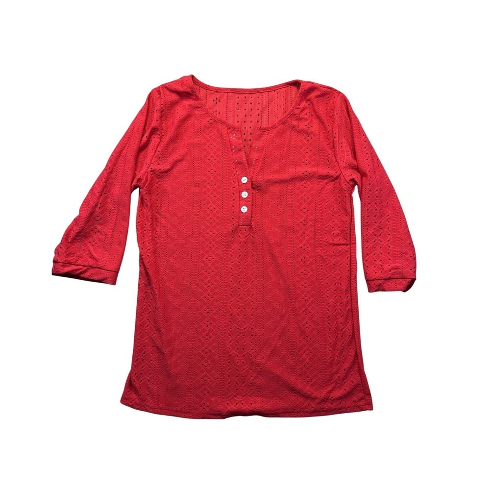 Women's 3/4 Sleeve Eyelet 3 Button V-Neck Henley Blouse Shirt Top Red Size Small